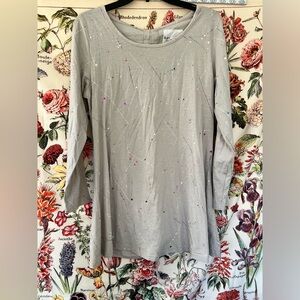 Livin for the Weekend long sleeve lace up back paint splatter design taupe tunic